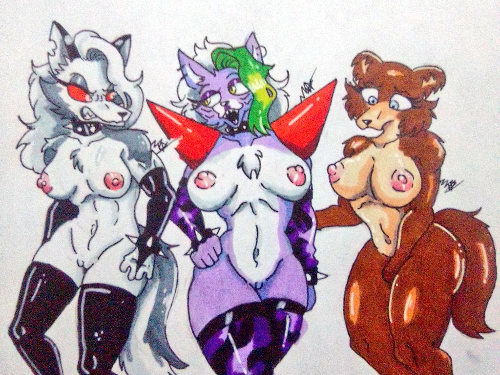 beastars blue_eyes breasts canid canid_demon canine canis crossover demon drawn elbow_gloves female female/female fingerless_gloves five_nights_at_freddy's five_nights_at_freddy's:_security_breach genitals gloves green_hair group hair hellhound helluva_boss juno_(beastars) latex latex_gloves loona_(helluva_boss) mammal omegamax pussy red_eyes roxanne_wolf_(fnaf) scottgames trio video_games white_hair wolf yellow_eyes