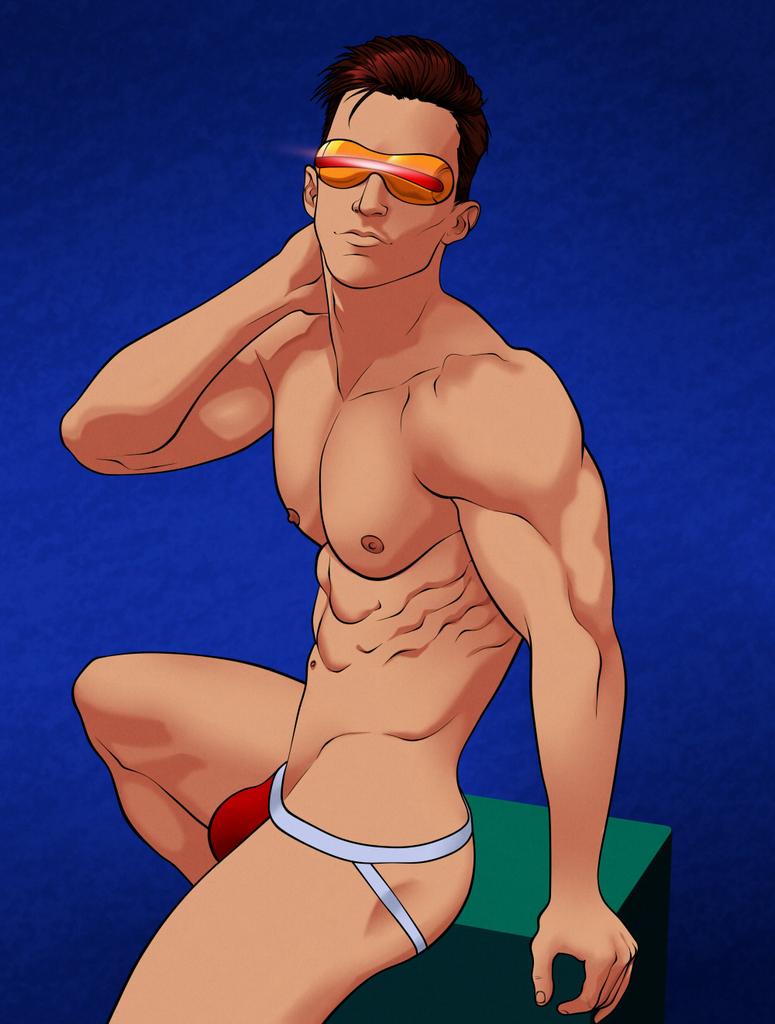 1boy bulge cyclops_(x-men) jockstrap male male_only marvel marvel_comics mr._le_fay muscles muscular muscular_male pinup posing scott_summers solo superhero x-men yaoi