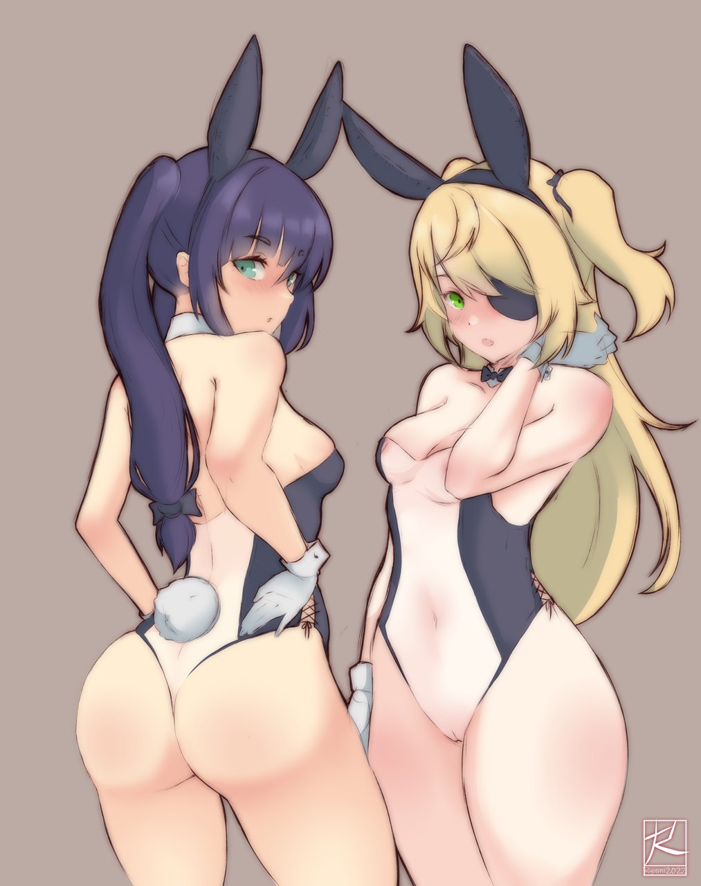 2girls alternate_costume aqua_eyes arm_at_side ass back bare_arms bare_back bare_legs bare_shoulders bare_thighs big_ass black_hair black_ribbon blonde_hair bow bowtie breasts brown_background bunny_ears bunny_girl bunnysuit cleavage detached_collar eye_patch eyepatch female female_only fischl_(genshin_impact) genshin_impact gloves green_eyes hair_ornament hair_ribbon hand_up hands_on_hips large_ass legs leotard long_hair looking_at_viewer looking_back medium_breasts mona_(genshin_impact) multiple_females multiple_girls pussy ribbon ryumi-gin see-through sideboob simple_background small_breasts strapless strapless_leotard thick_thighs thighs tied_hair transparent_bunnysuit twintails two_side_up white_gloves wrist_cuffs