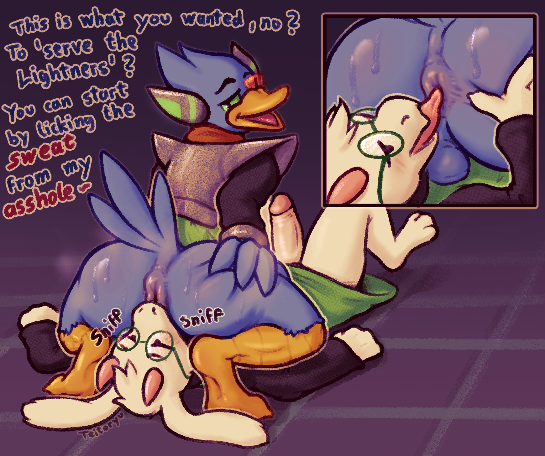 2boys, 2d, 3 toes, anal, anthro, anthro male, anthro on anthro, anus, armor, ass, avian, backsack, balls, ballsack, beak, berdly, bird, bird feet, blue anus, blue balls, blue body, blue feathers, blue perineum, blush, bodily fluids, bottomless, bovid, butt sniffing, caprine, claws, cloak, close-up, clothed, clothing, crouching, cutaway, deltarune, dialogue, dominant, dominant male, dripping, duo, english text, erection, eyewear, facesitting, feathers, feet, femboy, fingers, fur, fur tuft, furry, furry male, gay, genitals, glans, glasses, goat, green sclera, hand on ass, hand on butt, hand on own butt, head tuft, hi res, horn, interspecies, long ears, looking back, looking down, lying, male, male only, male/male, mammal, multiple boys, multiple males, musk, nose to anus, on back, on top, open beak, open mouth, open smile, oral, penis, perineum, pink horn, puffy anus, raised tail, ralsei, rimming, sash, scentplay, scouter, sex, simple background, smile, smug, sniffing, sound effects, spread ass, spread butt, spreading, steam, submissive, submissive male, sweat, sweaty ass, sweaty butt, tail feathers, talons, teasing, teitoryu, text, toes, tongue, tongue out, topwear, tuft, undertale (series), video games, white body, white fur, white penis, yellow beak