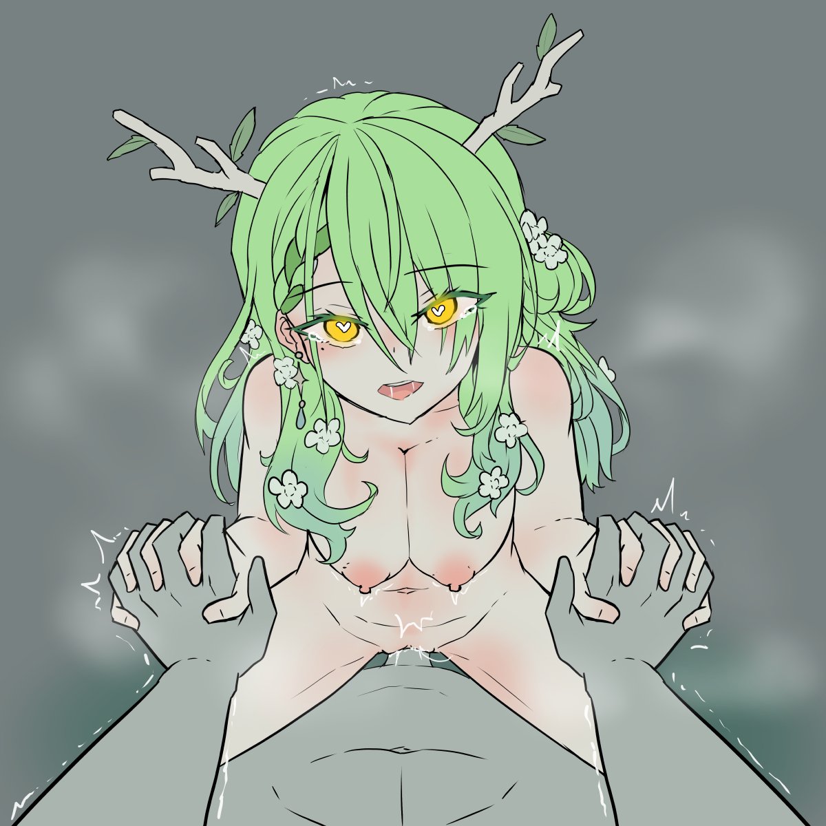 antlers, breasts, ceres fauna, female, green hair, hand holding, heart, holding hands, hololive, hololive english, hololive english -council-, hololive english -promise-, large breasts, male, moral cacoethes, penis, riding, tagme, virtual youtuber, vtuber, yellow eyes