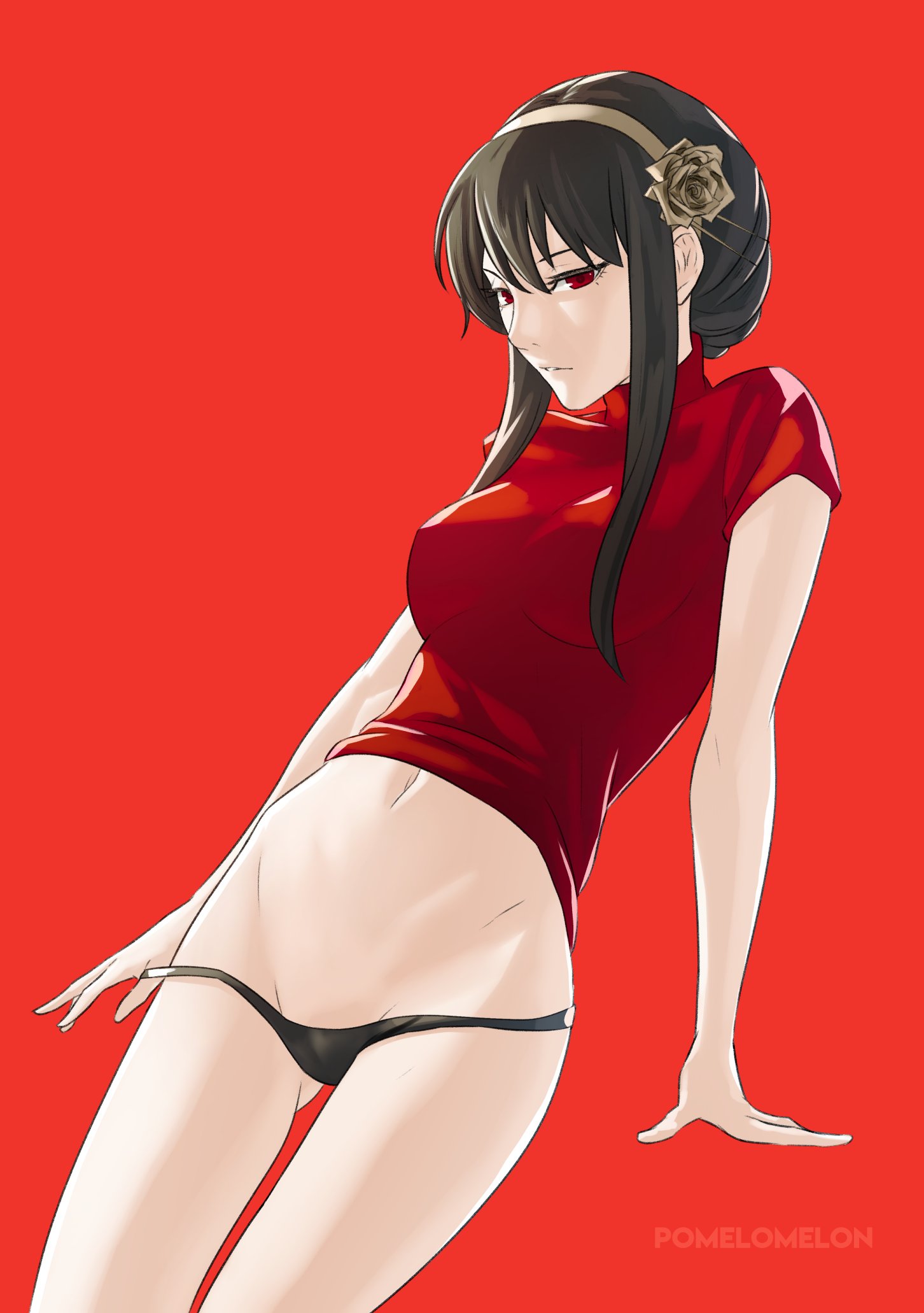 1girls, ass visible through thighs, assassin, bangs, black hair, black panties, breasts, female, female human, female only, fit, fit female, flower, hair flower, hair ornament, hairband, highres, human, light skin, light-skinned female, looking at viewer, mature female, medium breasts, pale skin, pale-skinned female, panties, panties around one finger, pomelomelon, red background, red eyes, short hair, slim waist, solo, spy x family, thorn princess, underwear, undressing, yor briar, yor forger