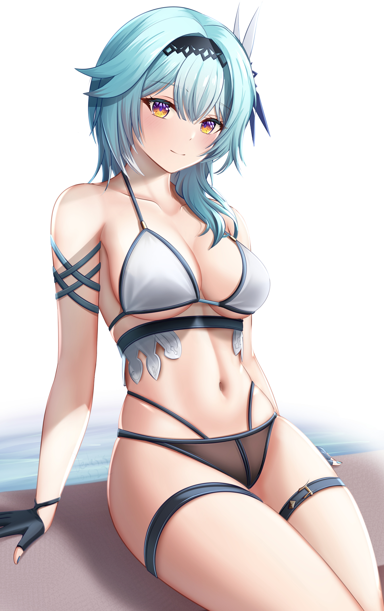 bikini, blue hair, blush, cleavage, curvy, eula (genshin impact), female, female only, genshin impact, hi res, human, light skin, light-skinned female, looking at viewer, pale skin, pale-skinned female, sitting, smile, solo, thick thighs, thigh strap, thighs, white bikini, yellow eyes