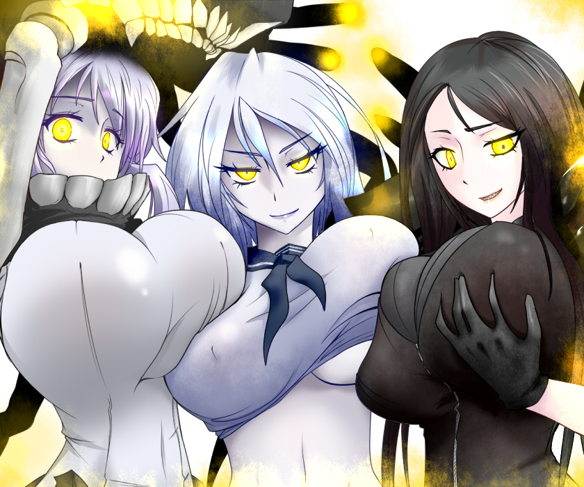 3girls abyssal_ship black_hair breasts female_focus glowing glowing_eyes huge_breasts kantai_collection multiple_girls ru-class_battleship sharp_teeth shinkaisei-kan standing ta-class_battleship taiga_isaka teeth upper_body white_hair wo-class_aircraft_carrier yellow_eyes