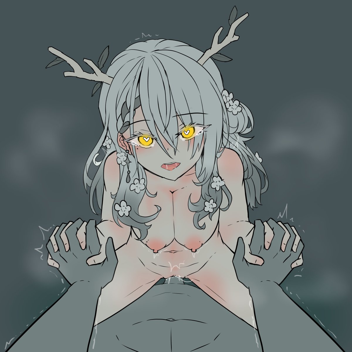 antlers, breasts, ceres fauna, female, goth, grey hair, hand holding, heart, heart-shaped pupils, holding hands, hololive, hololive english, hololive english -council-, hololive english -promise-, large breasts, looking at viewer, male, moral cacoethes, motion lines, mouth open, penis, pussy, riding, tagme, vaginal, vaginal penetration, virtual youtuber, vtuber, yellow eyes