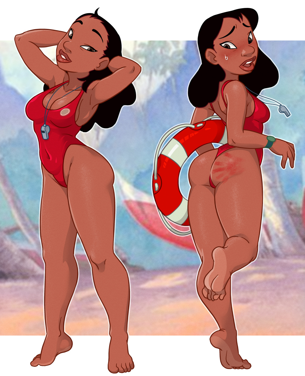 1girls almond_eyes black_hair brown_eyes butt centinel303 dark-skinned_female dark_skin disney female female_only human life_ring lifeguard lifeguard_(lilo_and_stitch) lifering lilo_and_stitch long_hair looking_at_viewer looking_back nani_pelekai neckwear red_clothes red_clothing red_swimsuit small_breasts spank_marks spanked_butt standing standing_on_one_leg standing_on_tip_toes swimsuit swimwear thick_thighs tiptoes watch whistle whistle_around_neck wristwatch wristwear