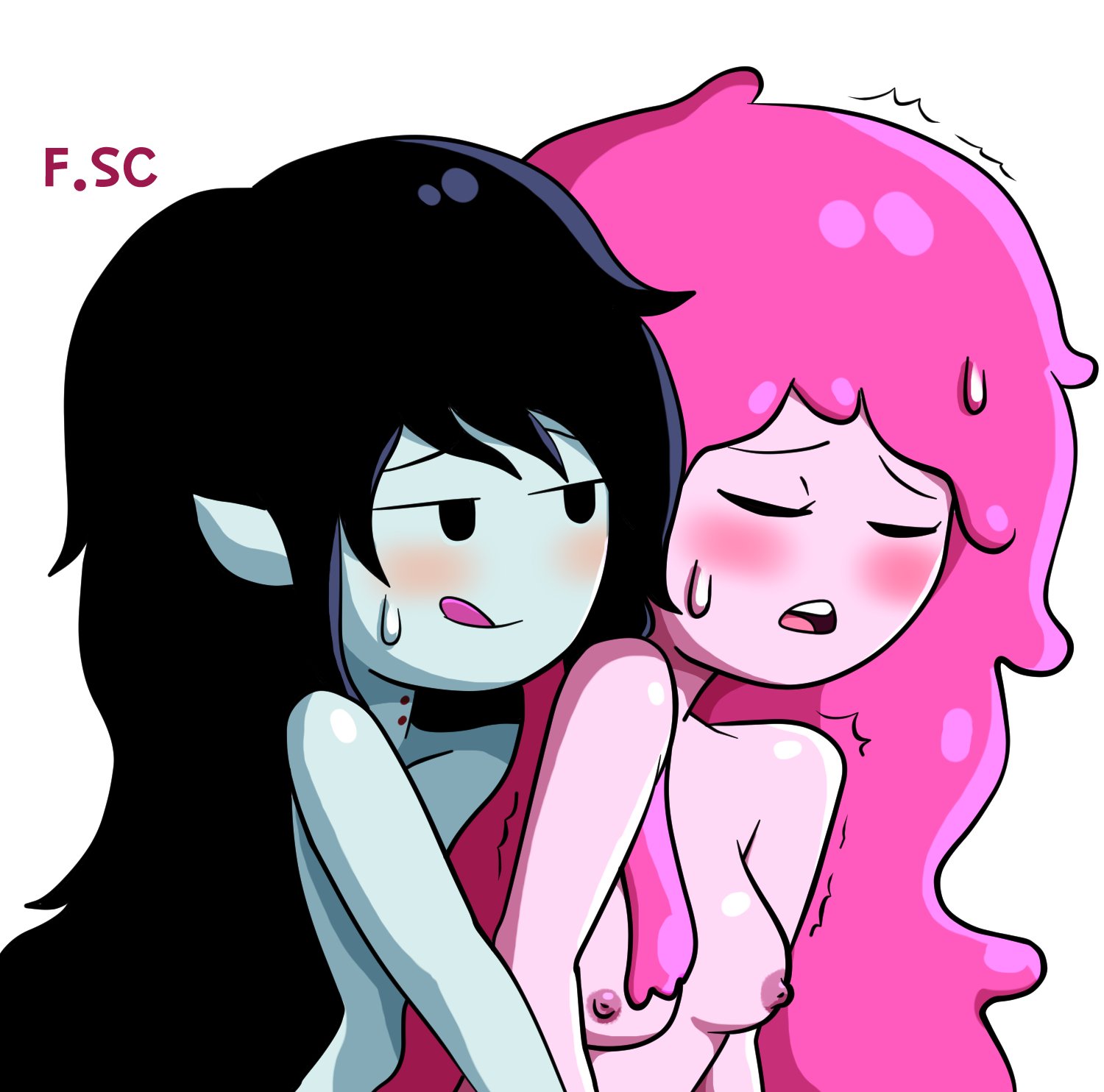 2girls, adventure time, artist name, black hair, breasts, canon couple, cute, erect nipples, eyes closed, female, female only, fingering, fizzyspidercider, from behind, from behind position, grey skin, hi res, implied penetration, lesbian, looking pleasured, marceline, medium breasts, mouth open, naughty face, nipples, nude, nude female, pink hair, pink skin, princess bubblegum, reach around, tongue, tongue out, trembling, vampire, very long hair, white background, yuri
