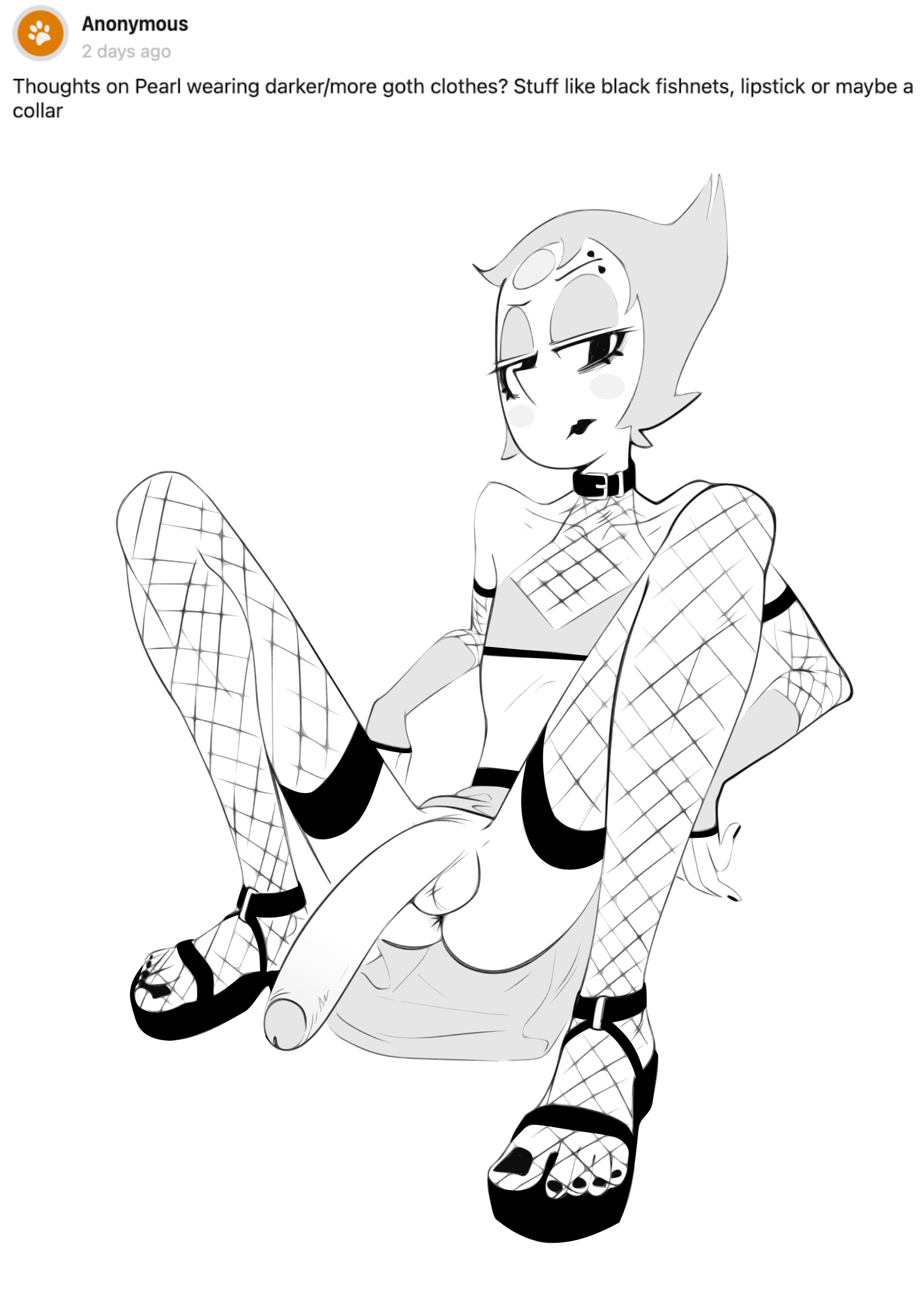 1futa, 6095937, alien, alien futa, alternate version available, annoyed, anus, ask blog, ass, balls, black and white, black eyeshadow, black lips, black lipstick, black nail polish, black nails, bottomless, cartoon network, clothed, clothing, collar, erection, feet, fishnet armwear, fishnet pantyhose, fishnets, flat chest, flat chested, flat chested futa, futa only, futanari, goth, goth futa, half-closed eyes, huge cock, humanoid, humanoid penis, intersex, lipstick, monochrome, mostly nude, nail polish, painted nails, pearl (steven universe), penis, piercing, platform footwear, platform sandals, platform shoes, sandals, shoes, short hair, skirt, skirt up, solo, steven universe, text, toes, xu53r