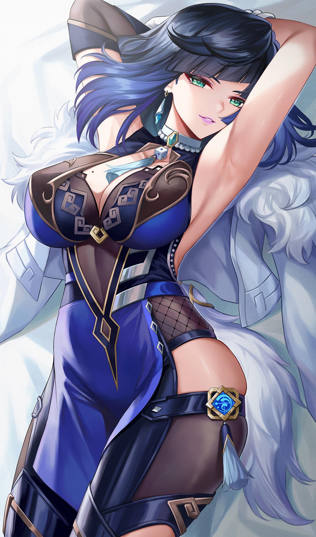 armpits, big breasts, blue hair, breasts, dress, elbow gloves, female, genshin impact, green eyes, higher resolution available, jacket, kacyu, lipstick, mole on breast, seductive, tagme, thick thighs, yelan (genshin impact)