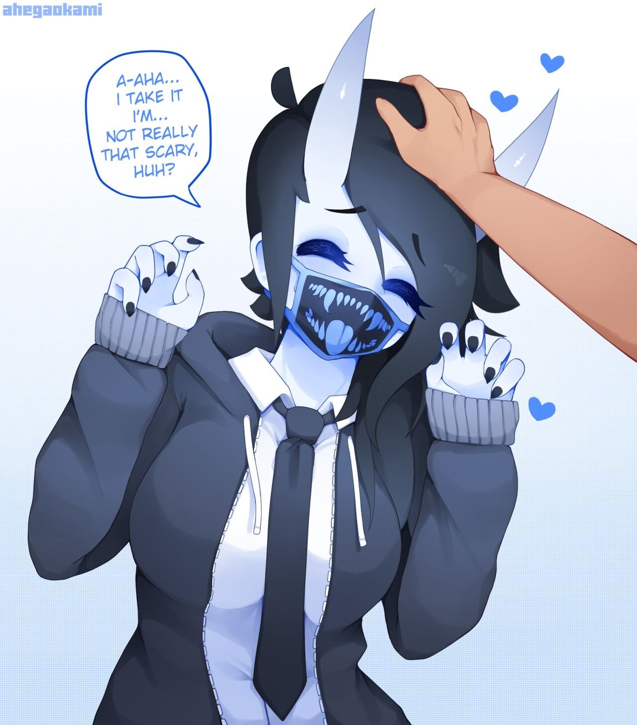 ahegaokami, black nails, demon, demon girl, female, headpat, horns, male, masked, original, pov, sfw, speech bubble, spooky (ahegaokami), tagme