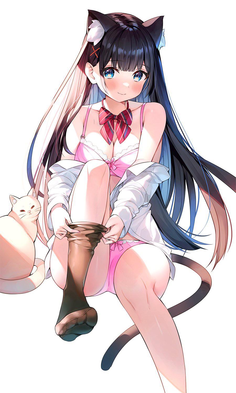 :> :) ayamy bangs black_hair blue_eyes blush bow bowtie button_down_shirt cat cat_ears cat_tail catgirl changing ear_tuft female female_only lace large_breasts long_hair looking_at_viewer pink_bra pink_panties putting_on_clothes putting_on_legwear red_bowtie shirt_open sitting solo solo_female straight_hair stripping thick_thighs