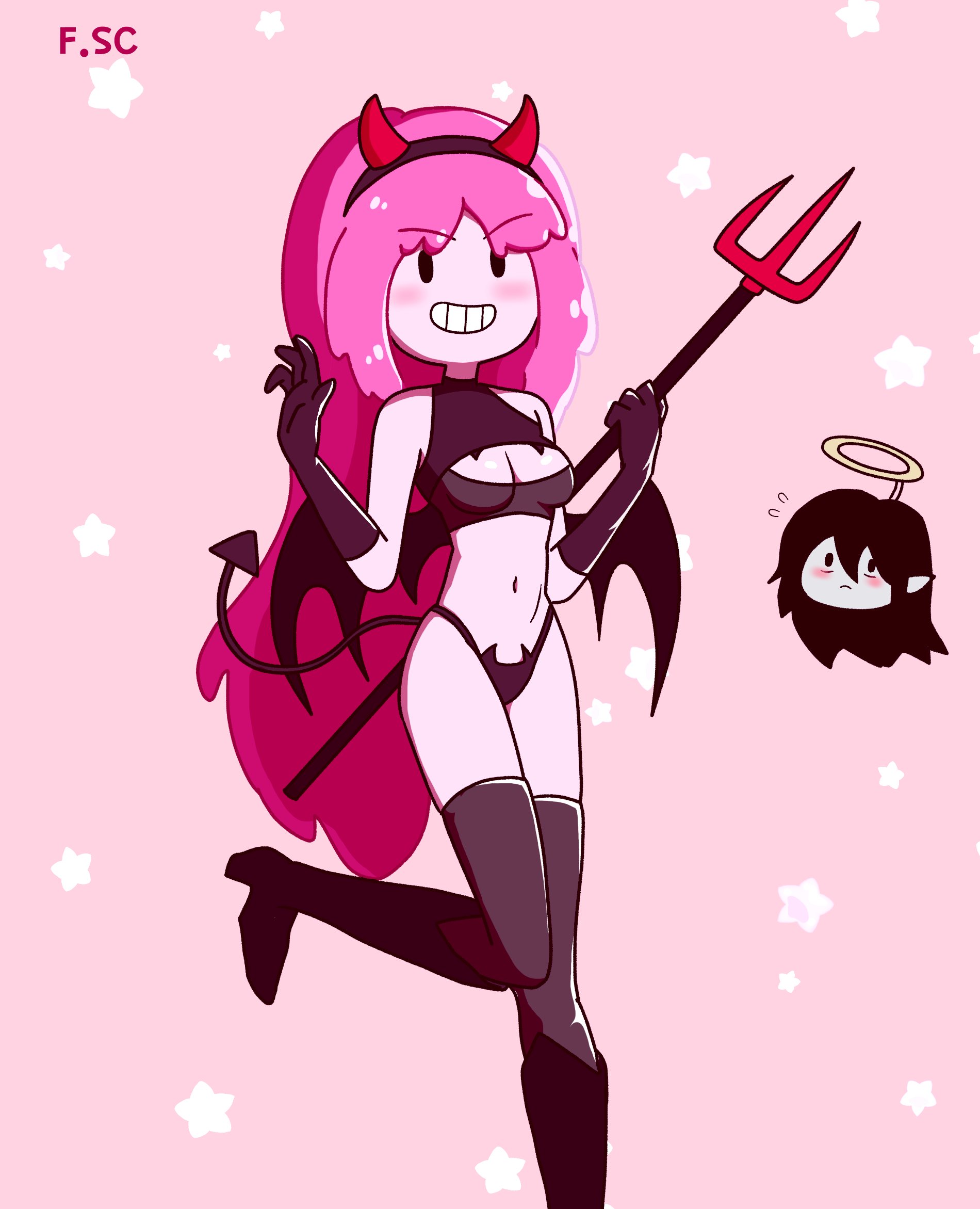 adventure time, cosplay, devil girl, female, fizzyspidercider, marceline, pink hair, pink nipples, princess bubblegum