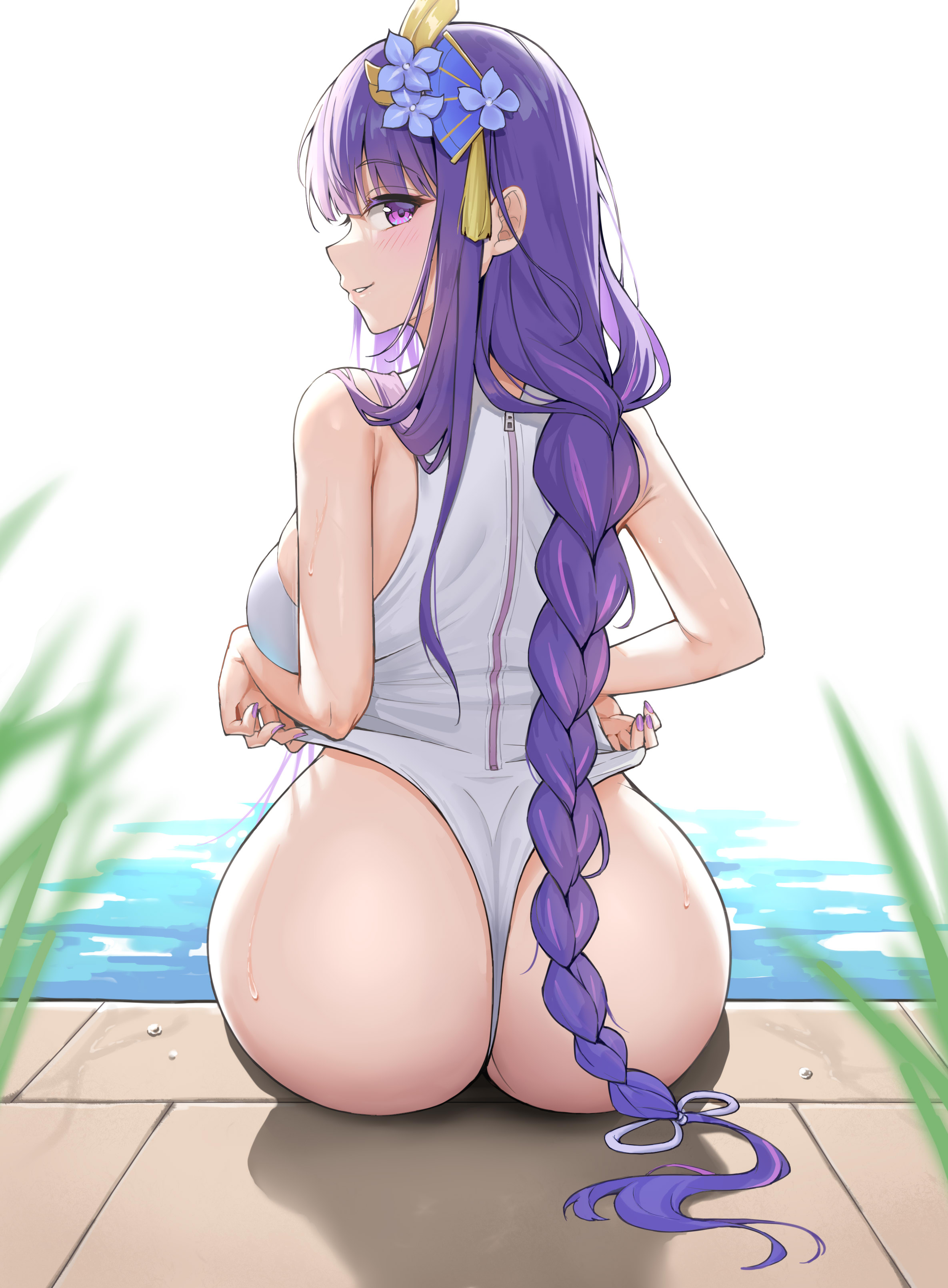 1girls, ass, ass focus, back view, big ass, braid, braided hair, breasts, bubble ass, bubble butt, curvy, female, from behind, genshin impact, hi res, looking at viewer, pool, raiden shogun, round ass, sitting, smile, swimsuit, wet, wide hips