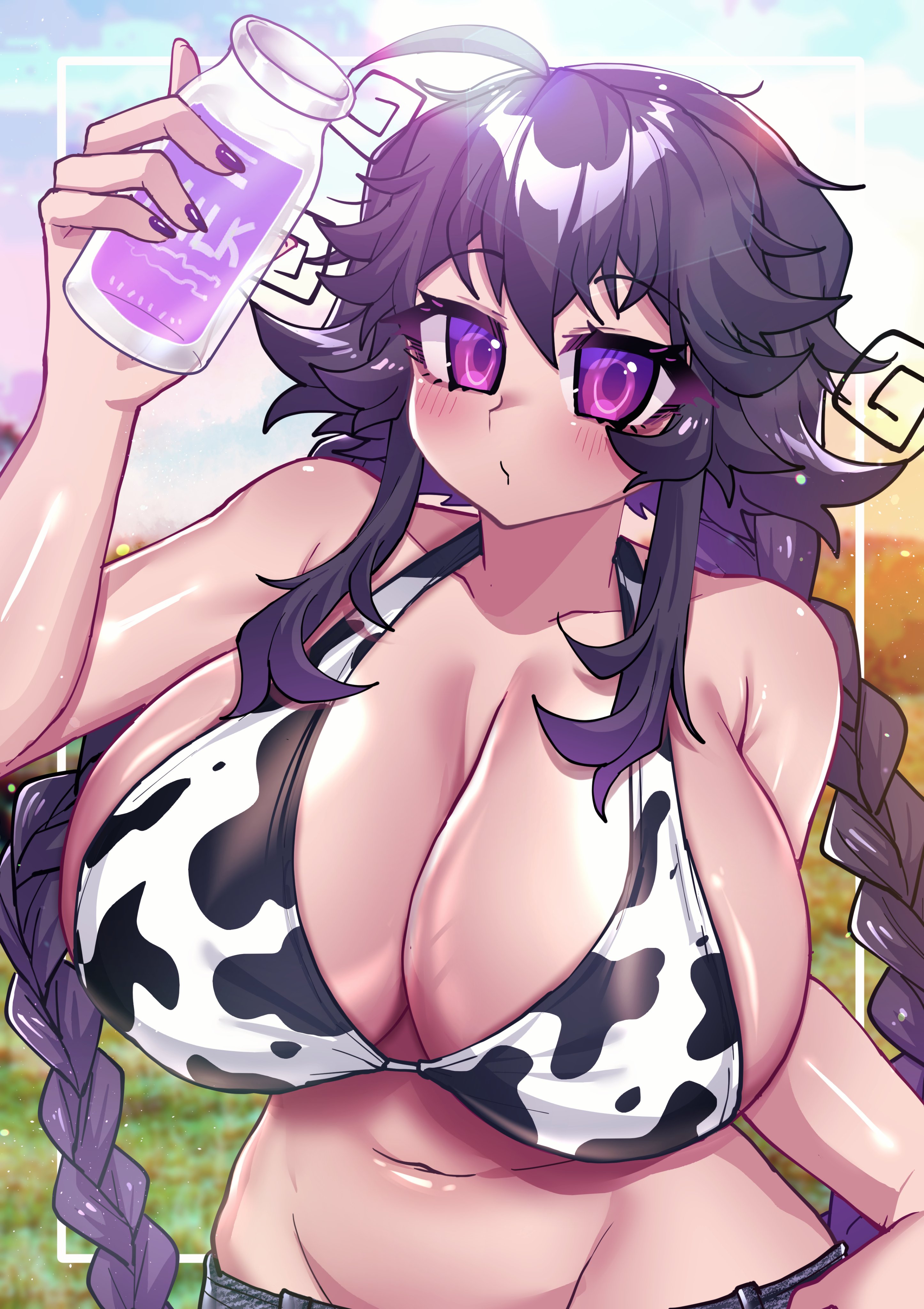1girls, 2022, ahoge, animal print, bikini, bikini top, blue sky, blush, bottle, braid, breasts, cow girl, cow print, crawling dreams, denim, farm, female, high resolution, huge breasts, jeans, lewdweather, long hair, milk, milk bottle, navel, nyarla (crawling dreams), nyarla (osiimi), original, osiimi, pants, plump, purple eyes, purple hair, purple nails, sidelocks, sky, sunlight, swimsuit, tied hair, twin braids, very high resolution