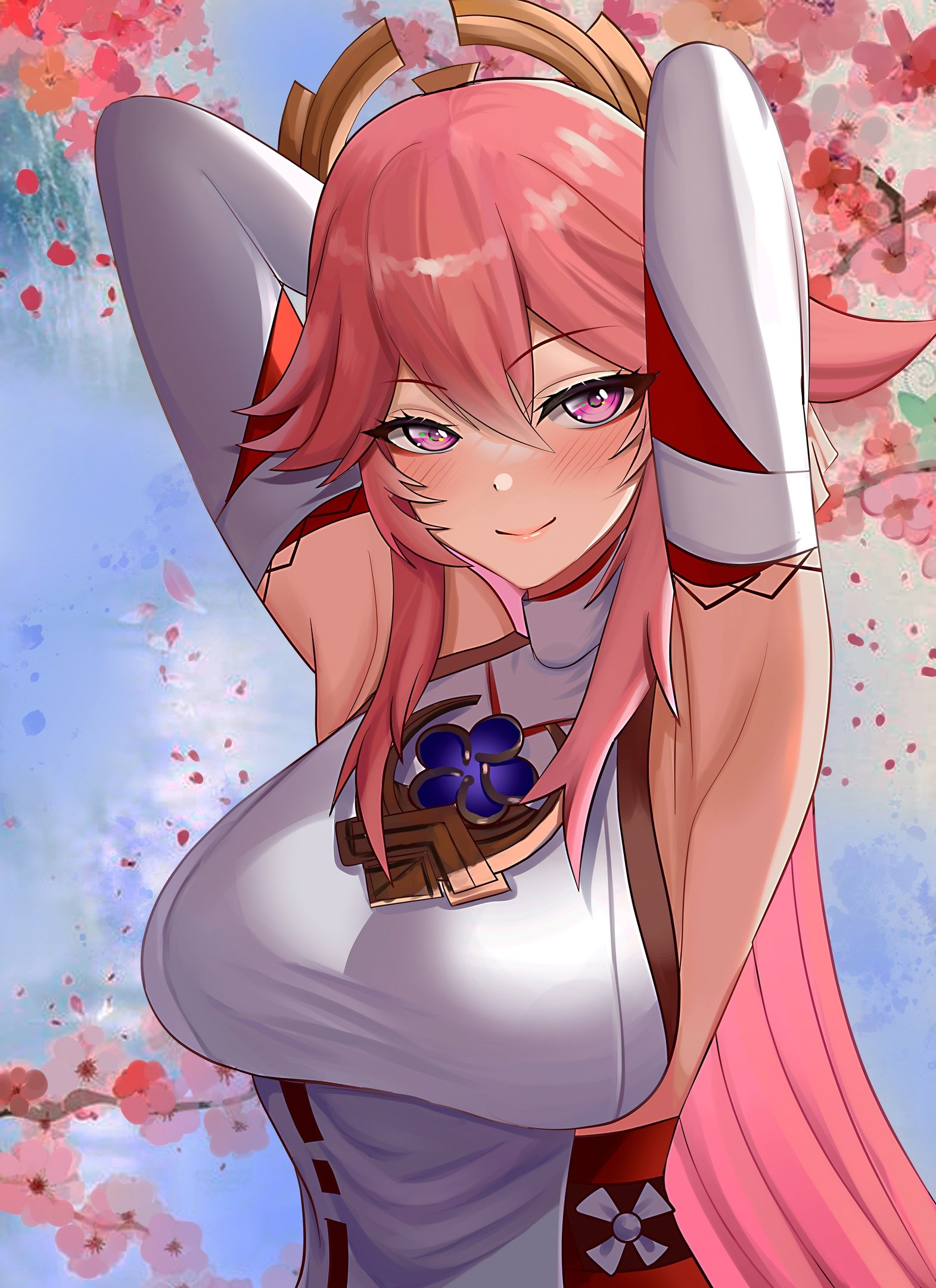  sylphy, 1girls, animal ears, armpit, armpits, arms up, blush, closed mouth, closed smile, clothes, clothing, color, colored, eyebrows visible through hair, female, female only, flower, flowers, genshin impact, light skin, light-skinned female, mihoyo, mouth closed, pink eyes, pink hair, smile, smiling, tagme, yae miko