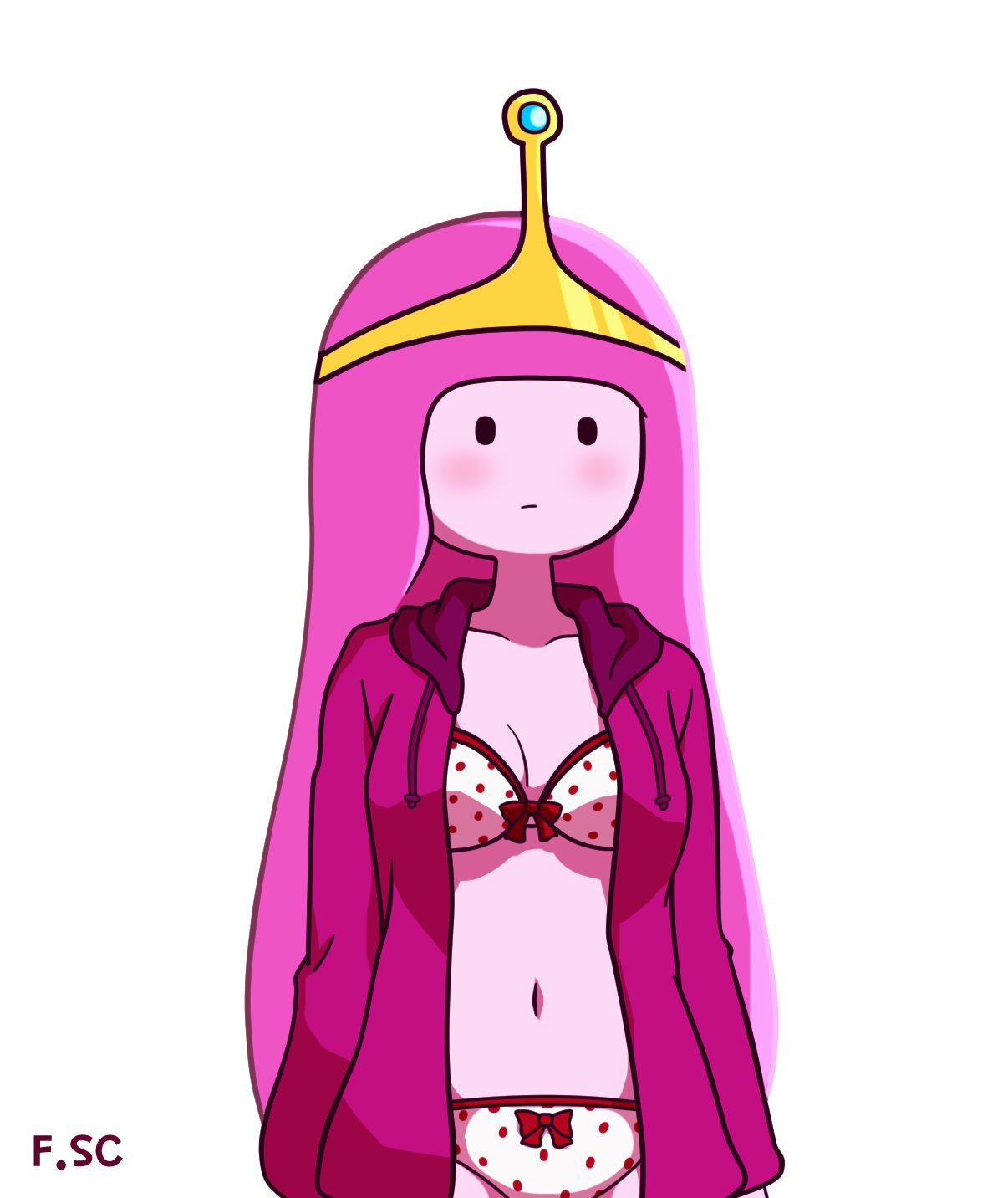 adventure_time bow_bra bow_panties bra crown fizzyspidercider hoodie panties pink_hair pink_skin polka_dot polka_dot_bra polka_dot_panties princess_bubblegum underwear