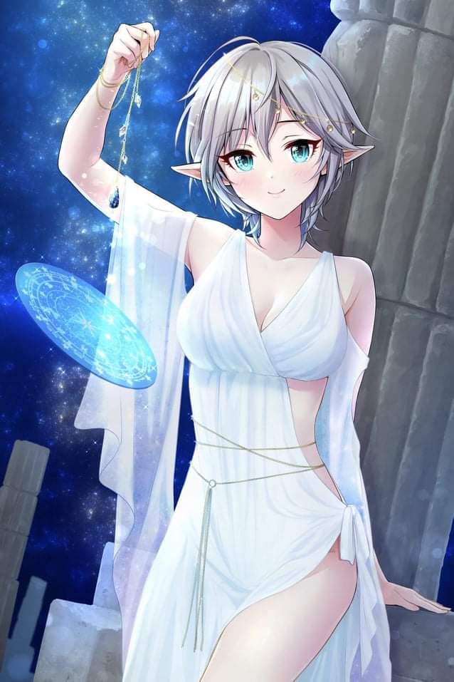 anastasia_(idolmaster) casting_spell elf elf_ears female gold_(metal) gray_hair idolmaster idolmaster_cinderella_girls jewelry magic pillar pointy_ears silver_hair tagme toga white_dress white_hair