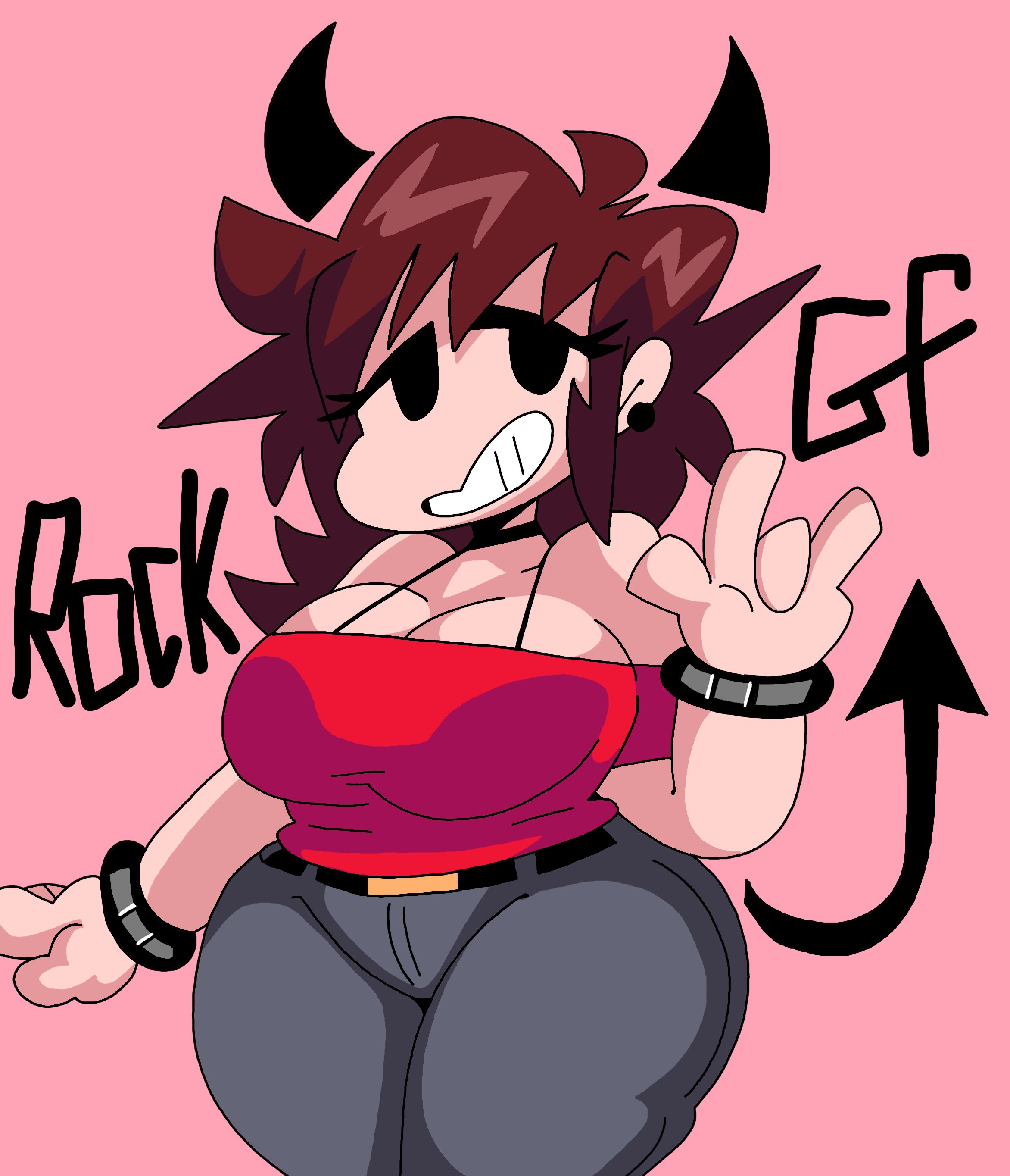 big breasts, big thighs, black earrings, breasts, clothed, clothed female, clothing, demon, demon girl, devil horns, devil tail, dork boi, female, female only, friday night funkin, girlfriend (friday night funkin), lewd dorky, tagme, v sign