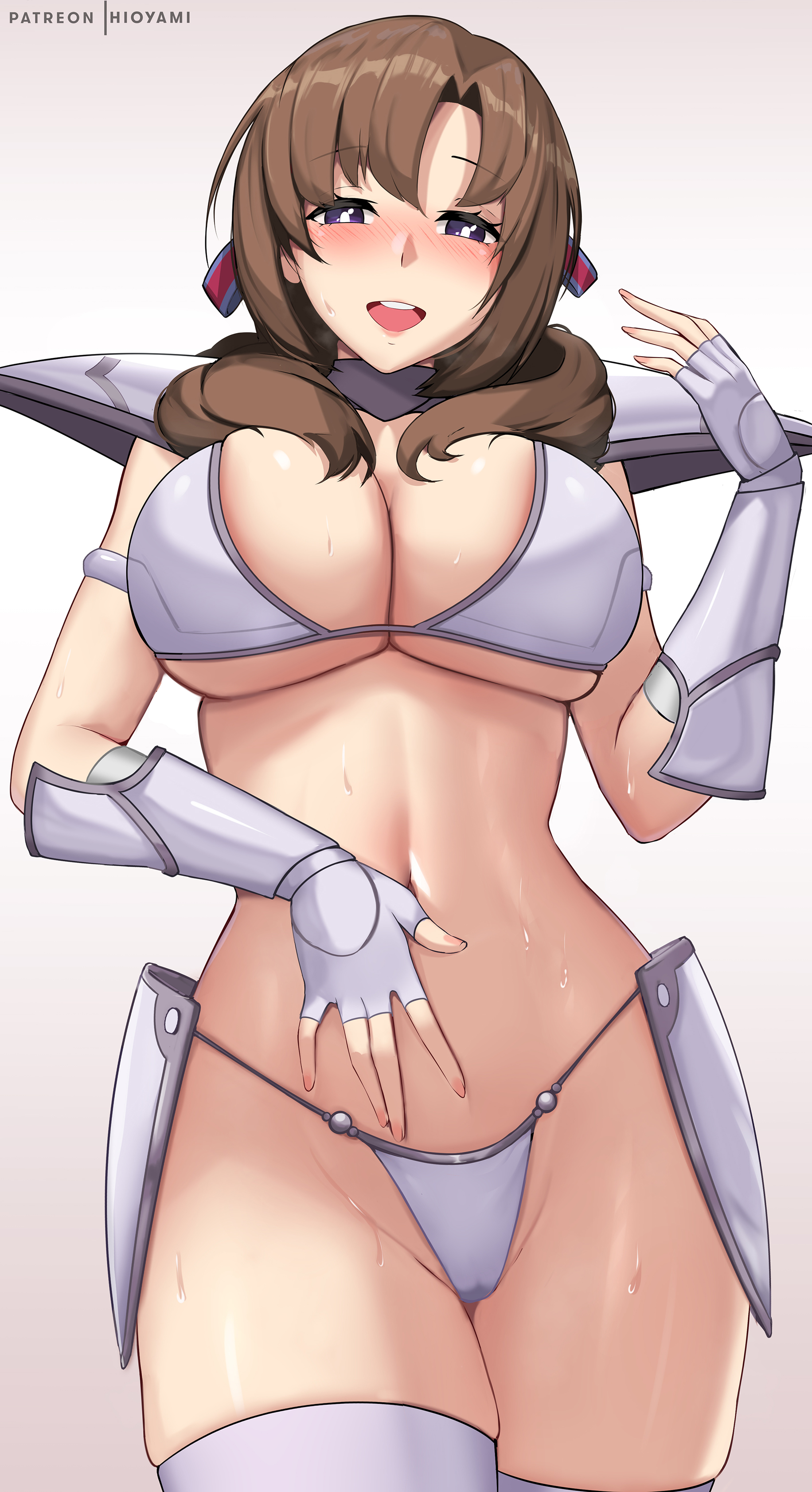 1girls, 2022, bikini armor, breasts, brown hair, cleavage, female, female only, fully clothed, hi res, hioyami, hips, huge breasts, long hair, looking at viewer, mature female, milf, mother, naughty face, oosuki mamako, purple eyes, revealing clothes, simple background, skimpy clothes, slim waist, smile, suggestive look, thick thighs, thighs, tsuujou kougeki ga zentai kougeki de ni-kai kougeki no okaasan wa suki desu ka?, wide hips