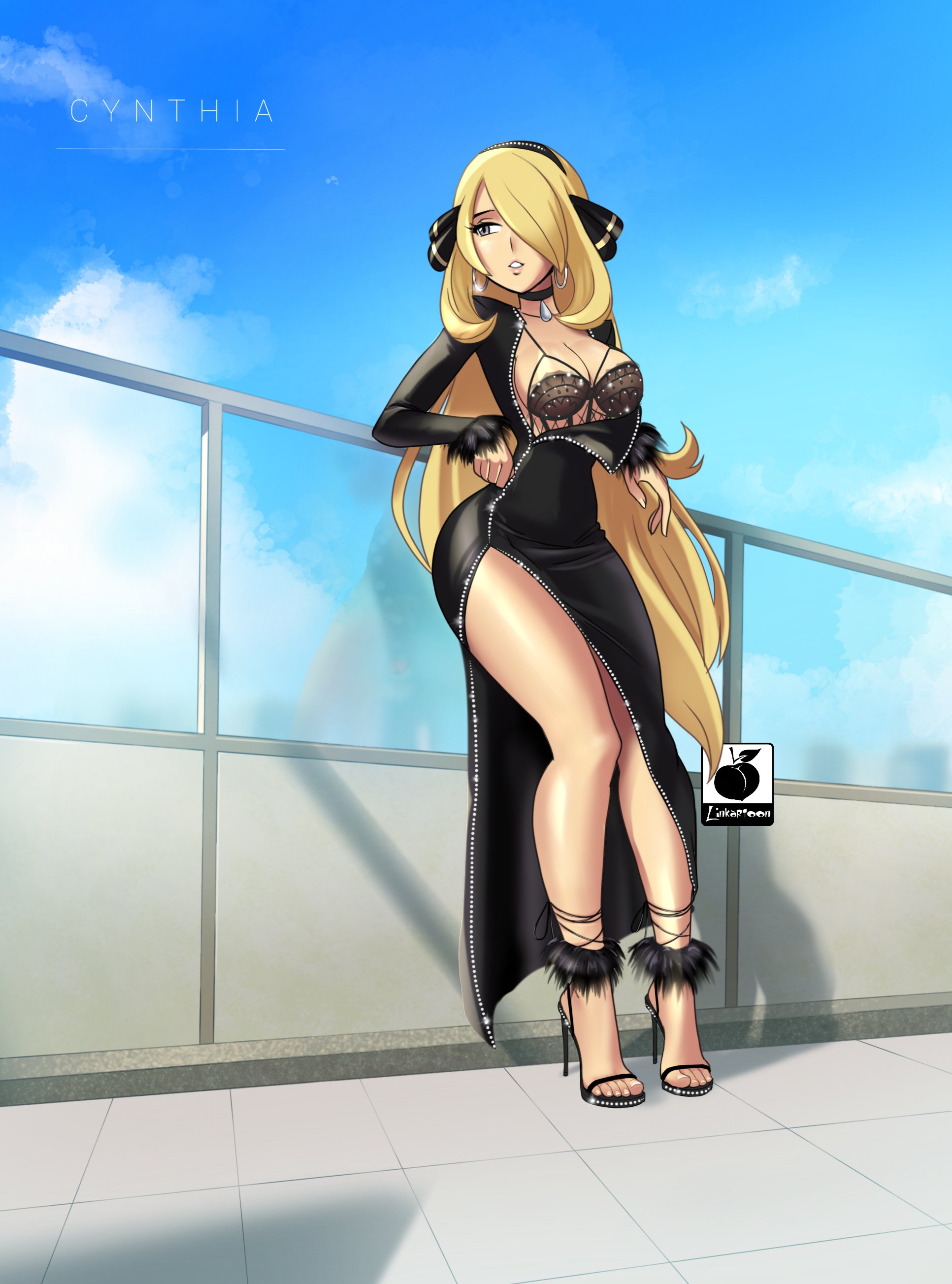 1girls, absurd res, absurdres, artist logo, artist name, black dress, black heels, black high heels, blonde hair, brassiere, breasts, character name, clothed, clothed female, cynthia (pokemon), daytime, disinterested, dress, earrings, emotionless, emotionless female, feet, female, game freak, grey eyes, hair over one eye, high heel sandals, high heels, high slit dress, hourglass figure, indifference, indifferent, light skin, light-skinned female, linkartoon, long blonde hair, long hair, looking to the side, nintendo, oblivious, oblivious sexualization, open toe footwear, open toe heels, open toe shoes, pale skin, pale-skinned female, pokemon, pokemon dppt, sandals, side slit, single slit dress, slit dress, solo, stiletto heels, teasing, text, thick thighs, thighhighs, unamused, unaware, unbothered, uncaring, unenthusiastic, very high heels, watermark, wholesome, zipper, zipper down
