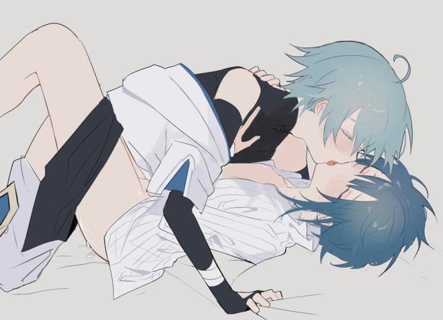 2boys, anal, anal sex, blue hair, chongyun (genshin impact), clothed, clothing, femboy, gay, gay sex, genshin impact, kissing, male, male only, xingqiu (genshin impact), yaoi