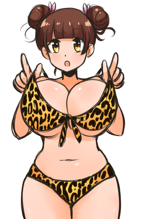 bikini brown_hair cheetah_print cheetah_print_bikini double_bun female fujinoki_nene hair_bun hajimete_no_gal huge_breasts looking_at_viewer my_first_girlfriend_is_a_gal opeipiao pulling_bikini_string twin_buns white_background yellow_eyes