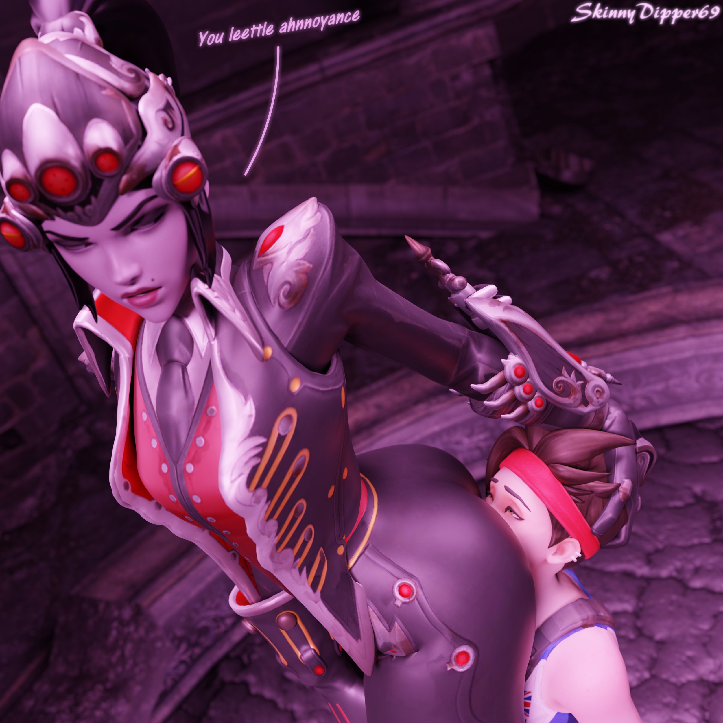 2girls, 3d, ass, ass on face, ass sniffing, ass worship, big ass, female, female/female, fetish, fully clothed, overwatch, skinnydipper69, text, tracer, widowmaker, yuri
