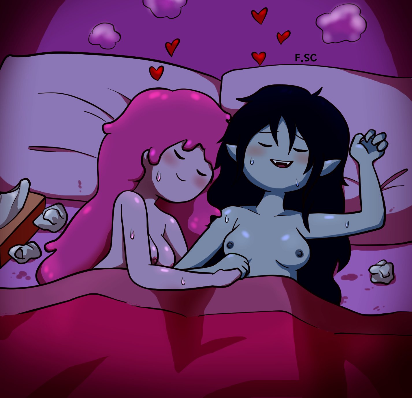 2girls, adventure time, after sex, artist name, bed, black hair, breasts, canon couple, casual, cute, female, fizzyspidercider, forked tongue, grey body, grey skin, heart, hi res, holding hands, large breasts, marceline, nude, nude female, pale skin, pink hair, pink skin, princess bubblegum, satisfied, sleeping, sweat, tongue, tongue out, very long hair, wholesome, yuri