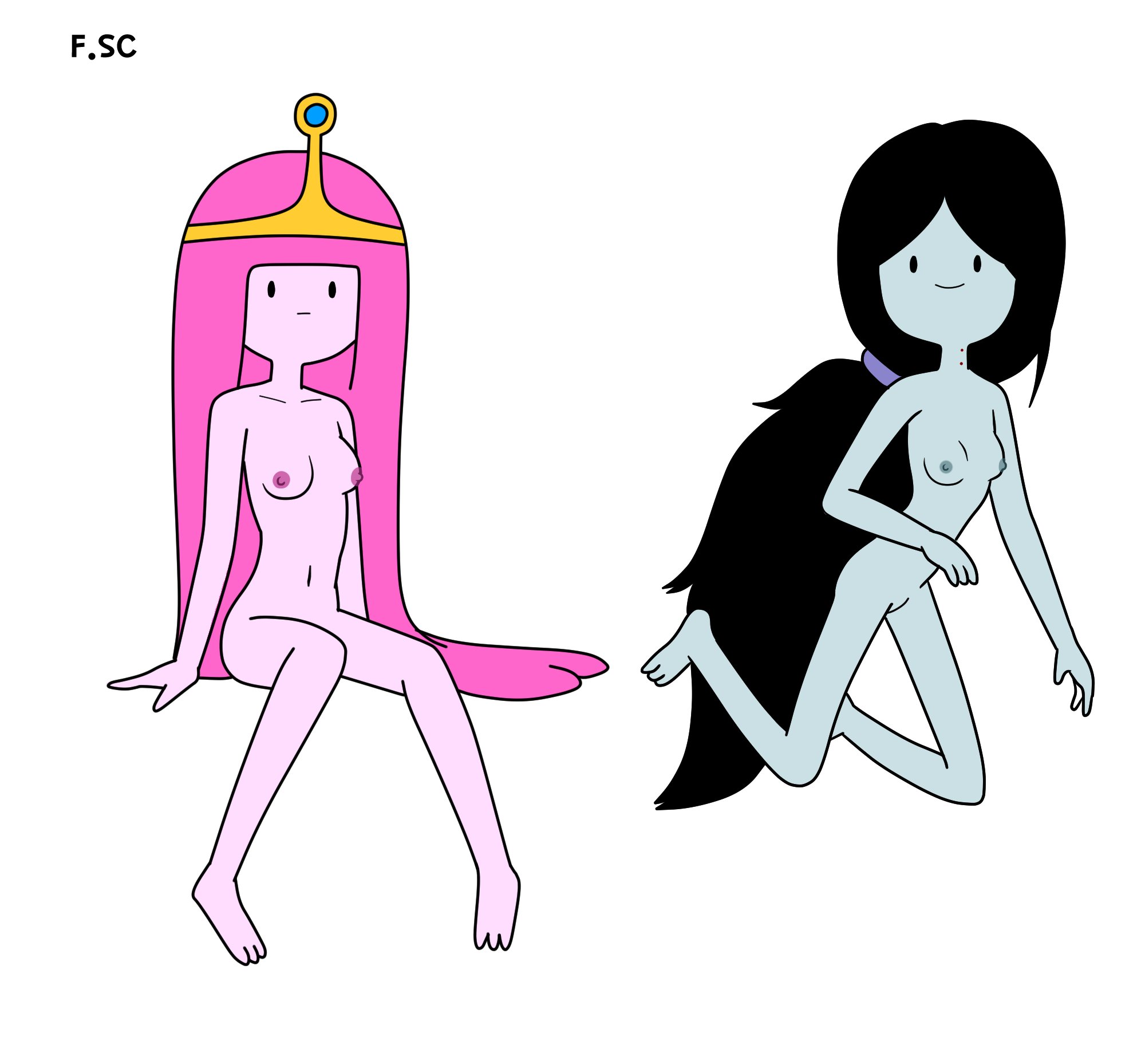 accurate art style, adventure time, black hair, female, fizzyspidercider, long hair, marceline, nipples, nude, pink hair, princess bubblegum, vampire