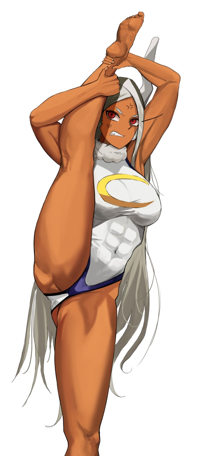 1girls abs absurd_res anger_vein animal_ears armpits bangs bare_legs barefoot bellone biceps crescent_print dark-skinned_female dark_skin female female_only fully_clothed fur_collar hi_res highleg highleg_leotard leotard long_hair miruko muscular muscular_female my_hero_academia parted_bangs rabbit_ears rabbit_girl red_eyes rumi_usagiyama solo split standing standing_on_one_leg standing_split taut_leotard teeth thick_thighs thighs toned very_long_hair white_background white_hair white_leotard