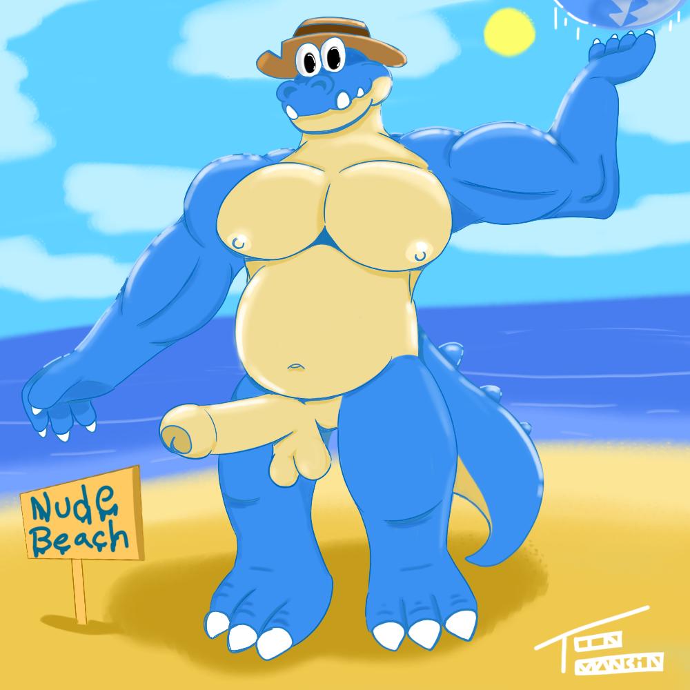 anthro balls beach codile digital_media_(artwork) erection genitals link's_awakening male male_only nintendo nipples nude nude_beach pecs penis sale_(zelda) seaside signature smile solo the_legend_of_zelda toonmansion video_games