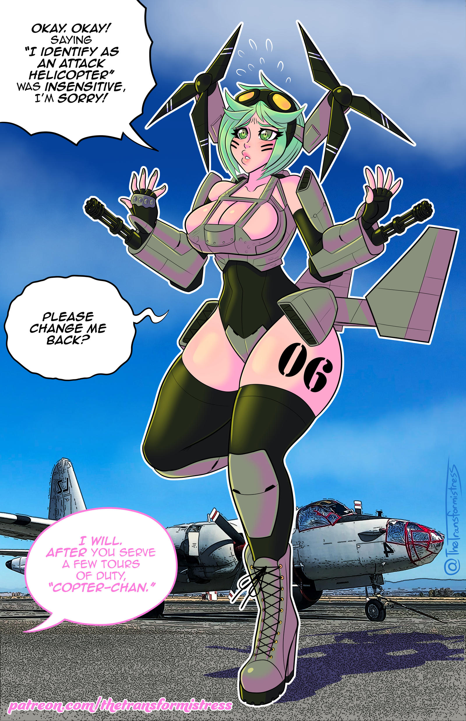 cyborg girl, embarrassed, english text, female, gender transformation, green eyes, green hair, helicopter, humiliation, implied prostitution, mtf transformation, pinup, punishment, robot girl, text, thetransformistress, transformation