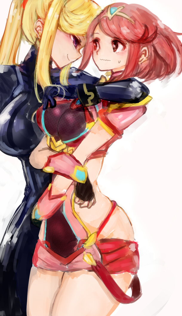 2girls, blonde hair, blush, breasts, drawn, female, large breasts, latex, long hair, medium breasts, metroid, multiple females, multiple girls, nintendo, ponytail, purple eyes, pyra, red eyes, red hair, samus aran, smile, standing, xenoblade (series), xenoblade chronicles 2, yuri