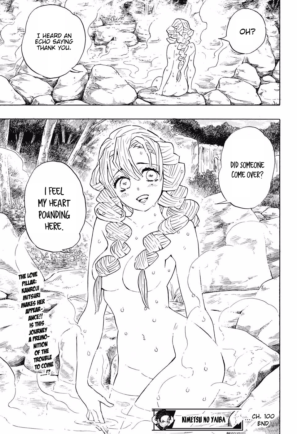 1girls, bath, big breasts, black and white, blush, braid, breasts, chapter 100, cleavage, demon slayer, end page, english text, female, female only, hair covering breasts, hot spring, human, kanroji mitsuri, kimetsu no yaiba, koyoharu gotouge, light skin, light-skinned female, long hair, manga, monochrome, nude, nude female, official art, onsen, partially submerged, shounen jump, sideboob, speech bubble, text, wet