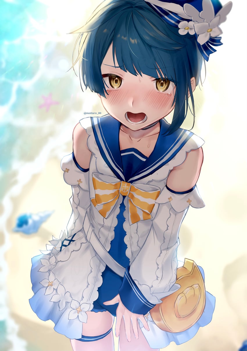 1boy, 1femboy, beach, blue hair, blush, bulge, crossdressing, detached sleeves, femboy, flower, flower in hair, flushed, flustered, genshin impact, girly, human, male, male only, nuntaro 00, ocean, penis, penis bulge, scenery, skirt, source request, summer, toony, xingqiu (genshin impact), yellow eyes