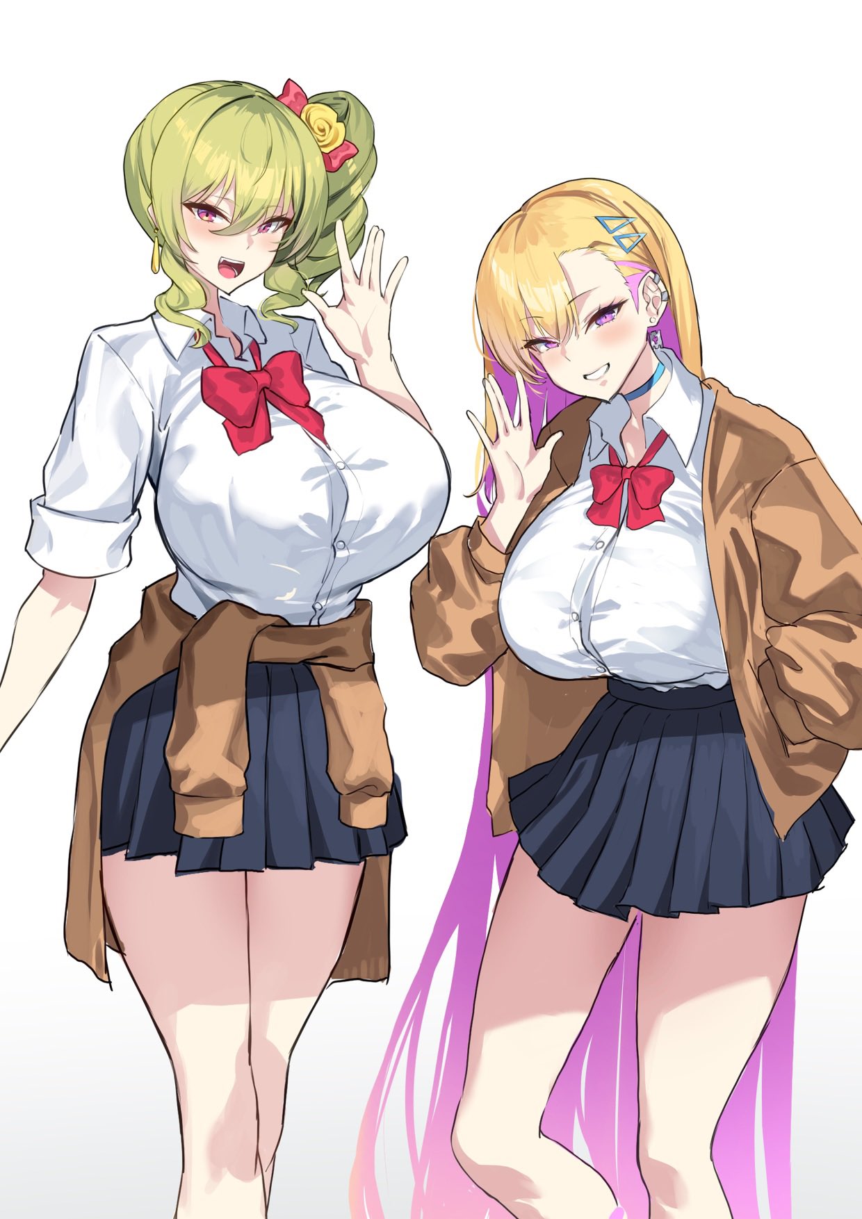 2girls big_breasts boryeon_(last_origin) clothed clothing erato_(last_origin) female gyaru hair_ornament huge_breasts kirome_(kamipaper) last_origin light-skinned_female light_skin multiple_girls school_uniform simple_background white_background