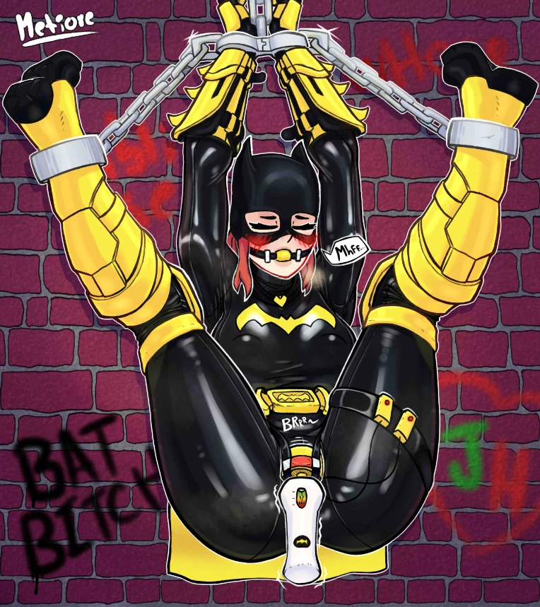 1girls ball_gag barbara_gordon batgirl batman_(series) big_breasts blush bodysuit bondage cameltoe chains closed_eyes dc dc_comics erect_nipples female female_focus female_only femsub gag graffiti hitachi_magic_wand legs_apart legs_up looking_at_viewer metiore png restrained shiny_clothes signature skin_tight solo text thick_thighs tight_clothing vibrator