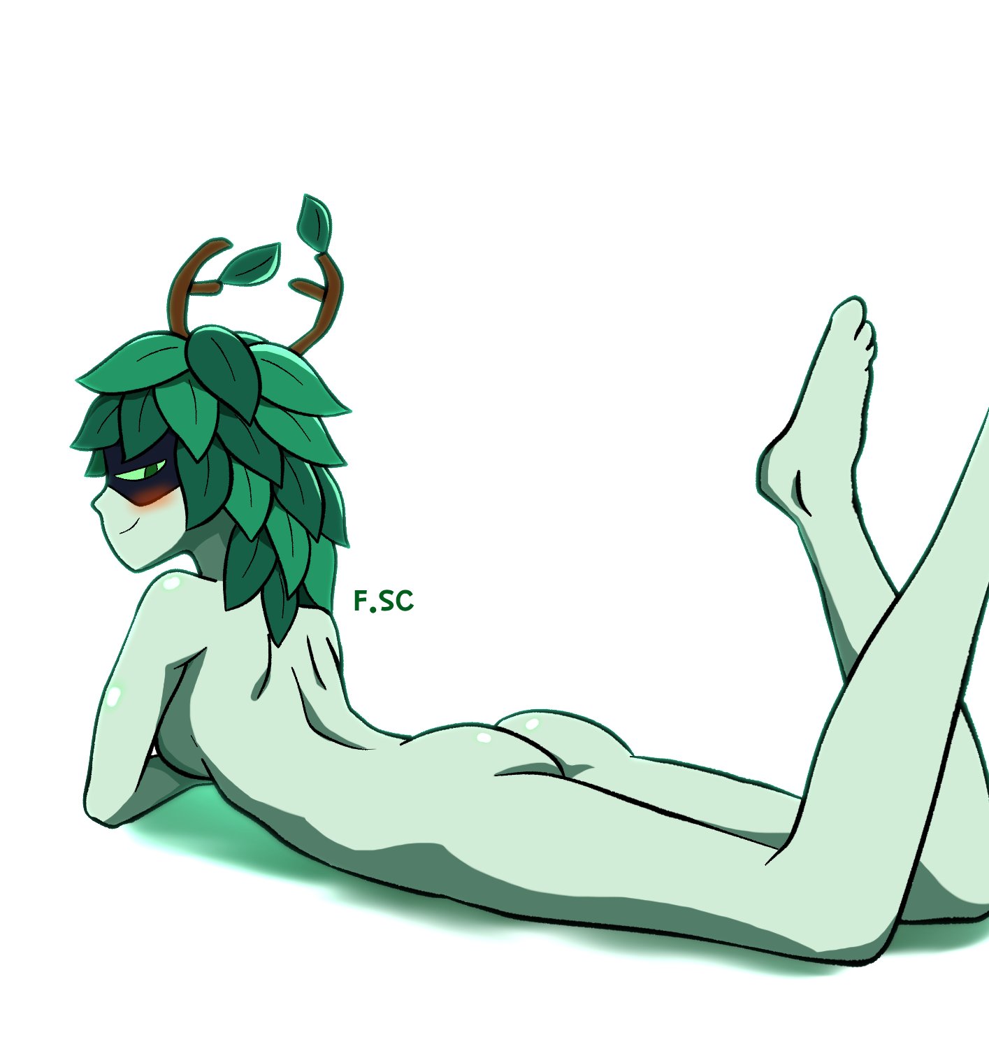 adventure time, ass, behind view, female, fizzyspidercider, green skin, huntress wizard, leaf hair, simple background