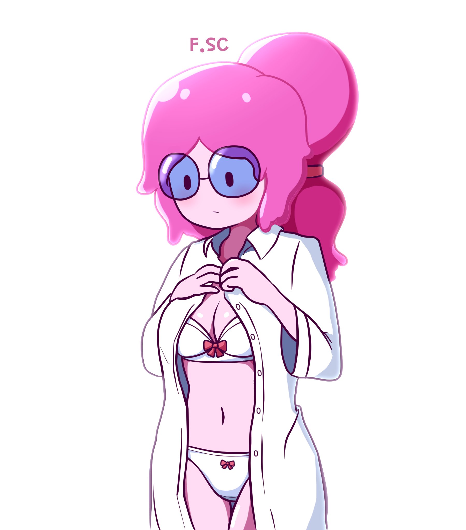 adventure time, blush, dressing, embarrassed, female, fizzyspidercider, glasses, labcoat, lingerie, nerd, nerdy female, pink hair, princess bubblegum, scientist, underwear