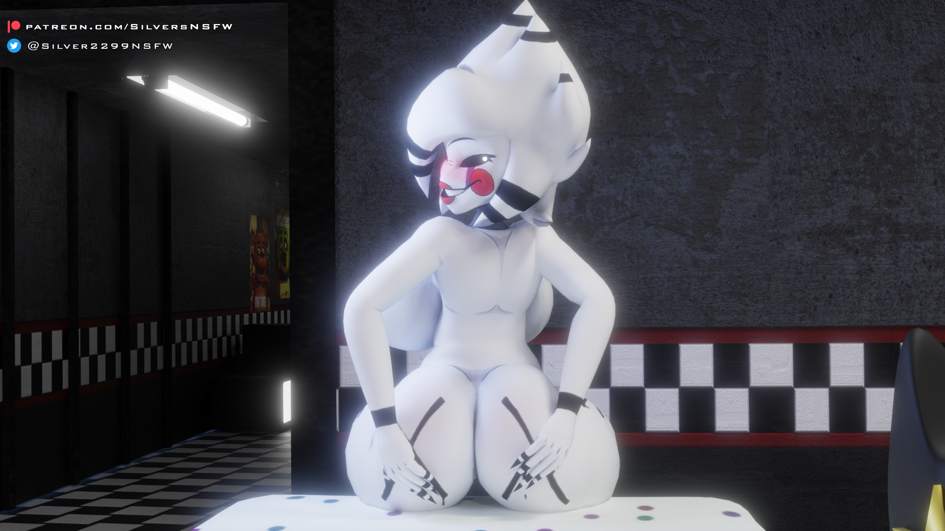 1girls, 3d, anthro, ass, ass focus, back view, backboob, big breasts, black nipples, black sclera, breasts, cally3d, clazzey, completely naked, completely nude, cryptiacurves, fazclaire's nightclub, female, female focus, female only, five nights at freddy's, five nights at freddy's 2, fnaf, fredina's nightclub, glowing eyes, grabbing own ass, large breasts, looking at viewer, looking back, marie (cally3d), marie (cryptia), marionette (fnaf), naked, nude, presenting, presenting hindquarters, puppet (cally3d), puppet (fnaf), rear view, red cheeks, scottgames, silver2299, smile, smiling, solo, table, white eyes, white skin