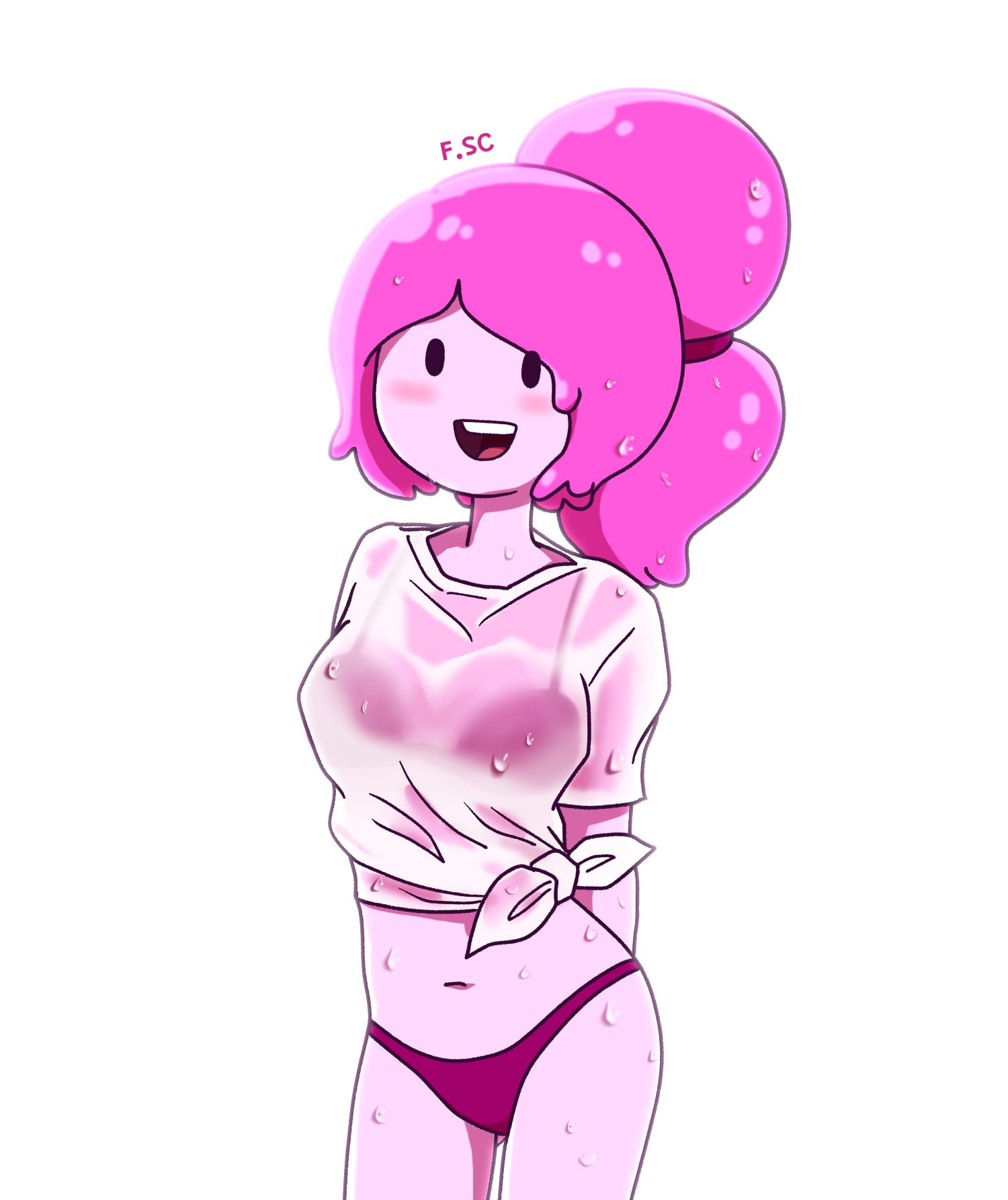 2021, adventure time, arms behind back, bikini, bikini bottom, bikini top, cartoon network, female, female only, fizzyspidercider, pink body, pink hair, pink skin, ponytail, princess bubblegum, see-through clothing, swimsuit, thighs, wet, wet clothes, wet t-shirt