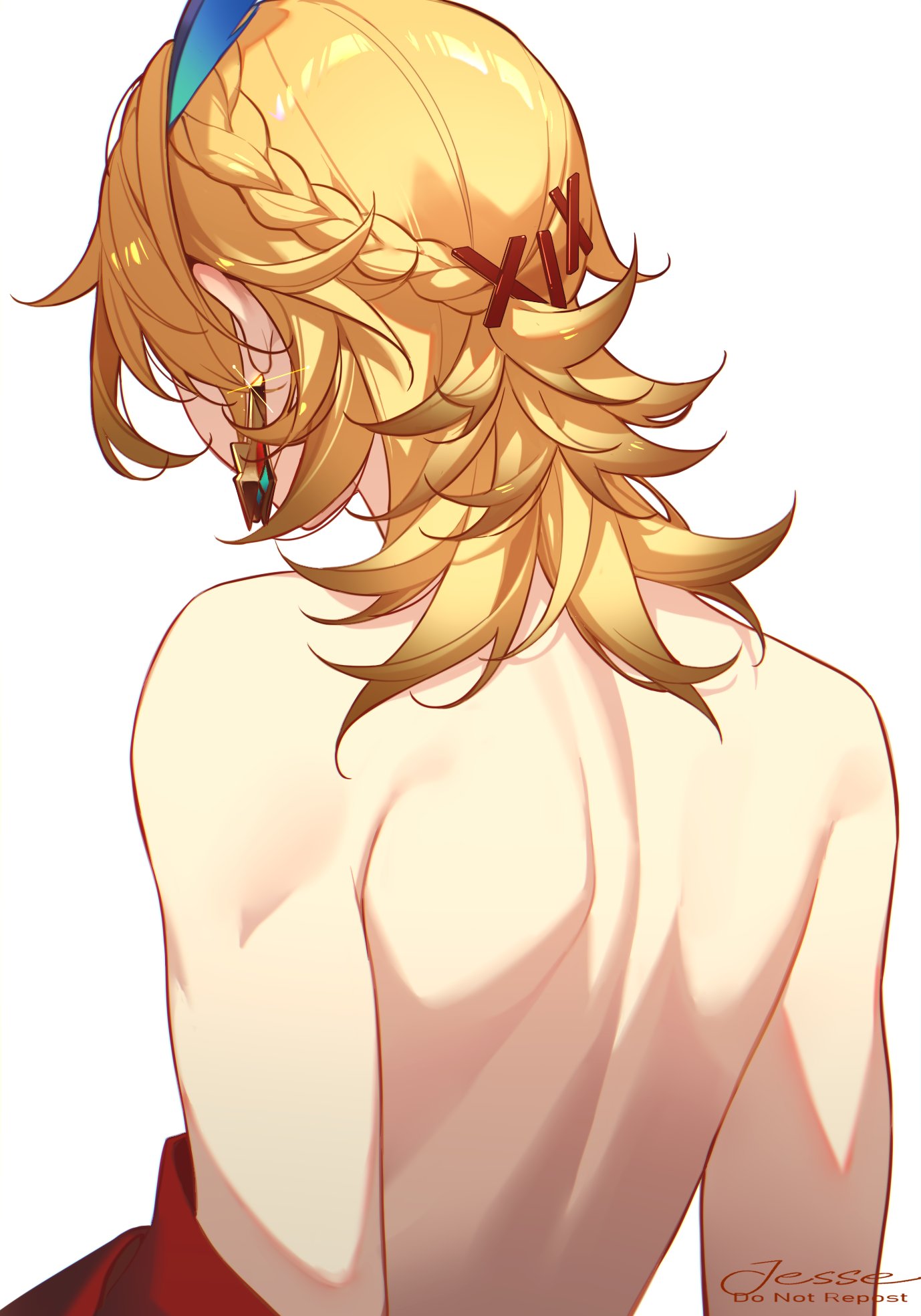 bare back, bare shoulders, bishonen, blonde hair, braid, braided hair, gay, genshin impact, kaveh (genshin impact), male, male only, twink, undressing
