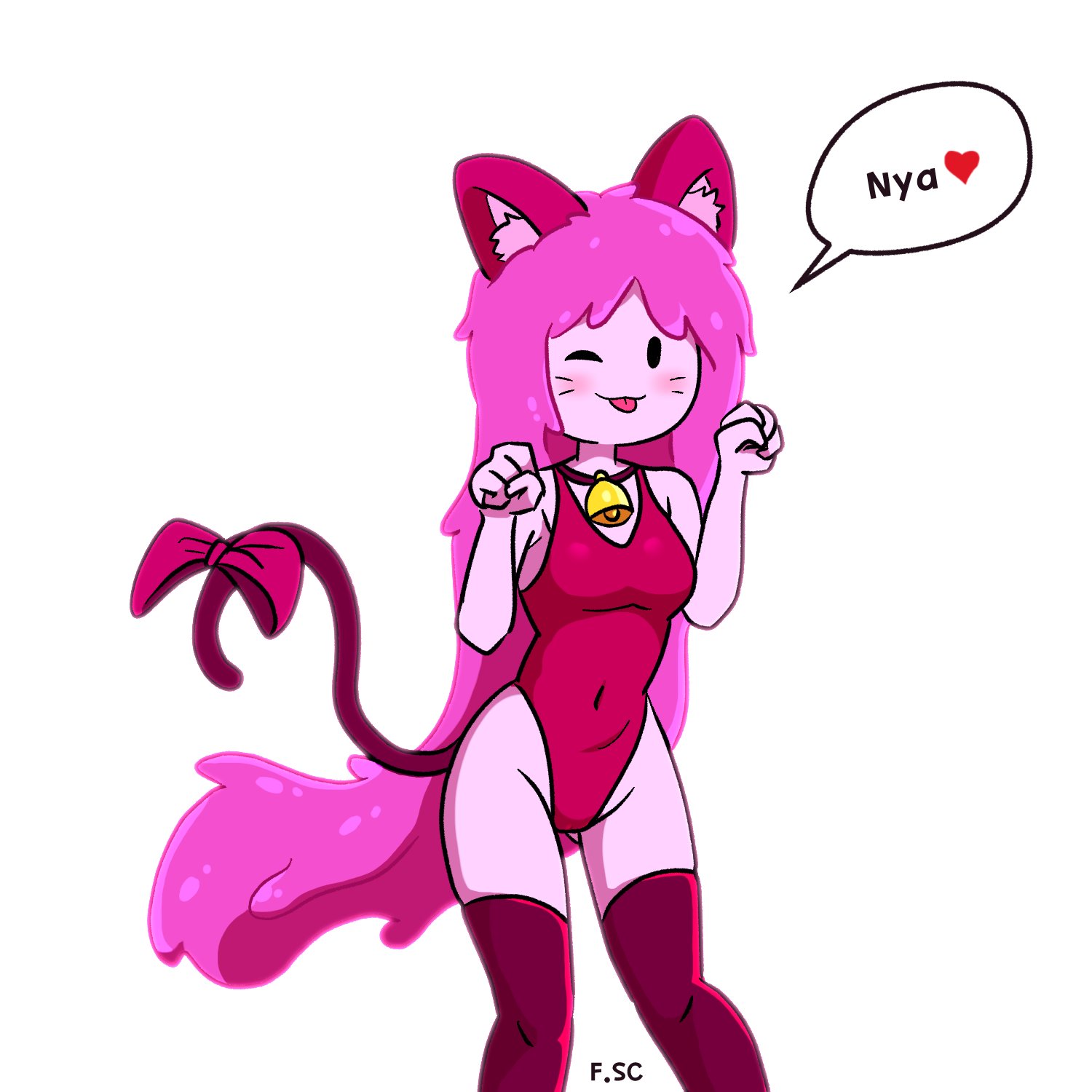 1girls, 2022, adventure time, black eyes, blush, breasts, cartoon network, cartoony, cat ears, cat girl, catgirl, collar, collar with bell, female, female only, fizzyspidercider, humanoid, pink body, pink hair, princess bubblegum, solo, tail, thigh highs, thighhighs, thighs, tongue, tongue out, whiskers, winking