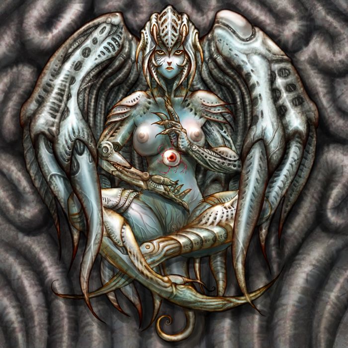 akiragoya blue_skin body_horror eyeball female guro horror large_breasts official_art solo veins wings yakouga