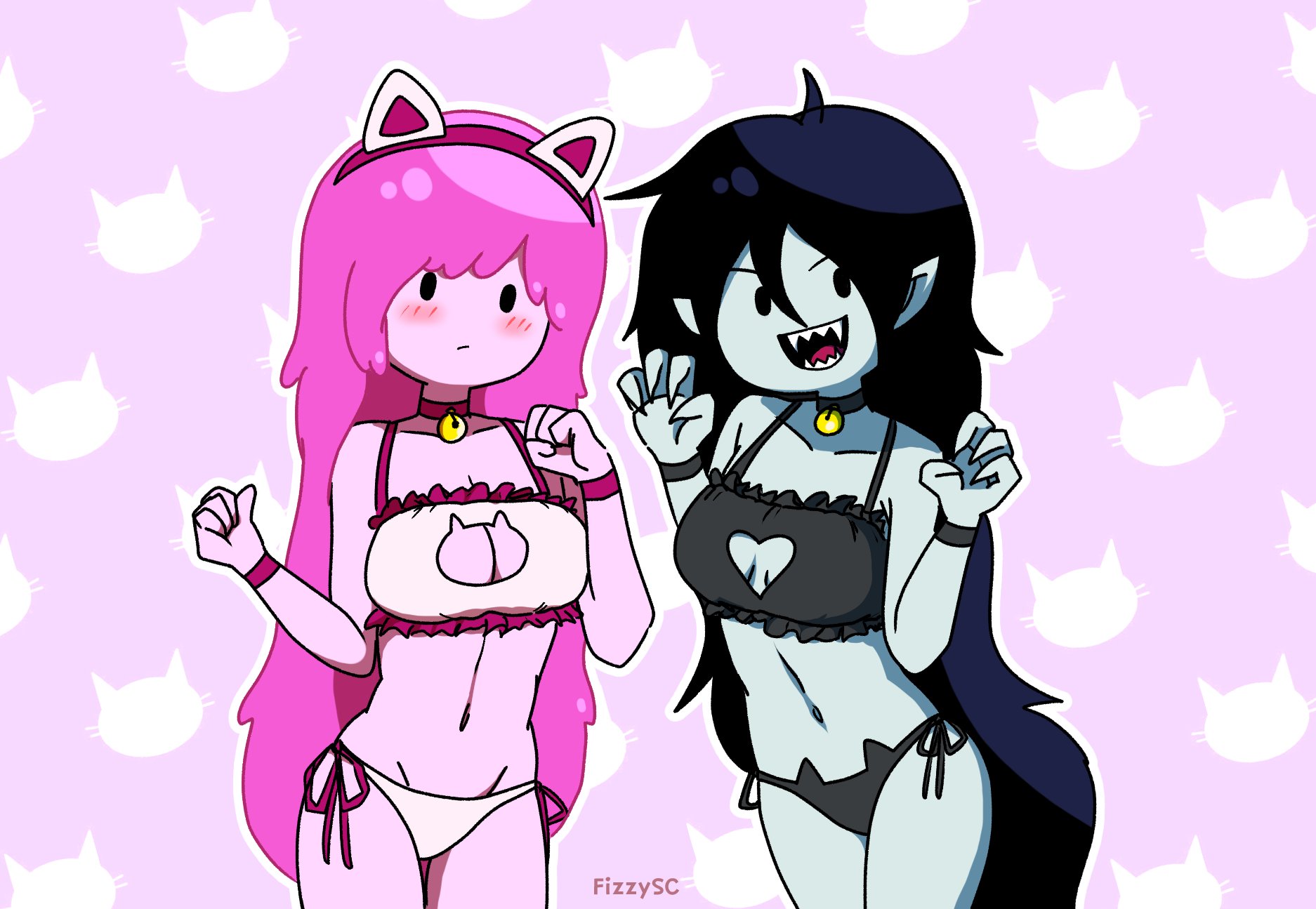 2021, 2girls, adventure time, black eyes, black hair, blush, boob window, bra, breasts, cartoon network, cat girl, cat keyhole bra, cat lingerie, catgirl, cleavage, cleavage cutout, female, female only, fizzyspidercider, grey body, marceline, multiple females, multiple girls, pale skin, panties, pink body, pink eyes, pink hair, princess bubblegum, underwear, vampire