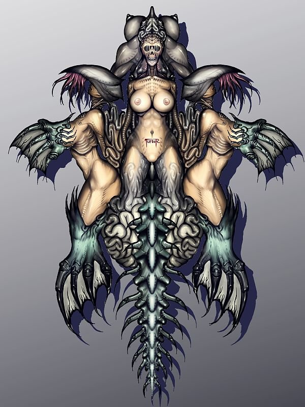 akiragoya body_horror cosmic_horror fins guro horror intestines large_breasts monster official_art ribs scary spines webbed_feet yakouga