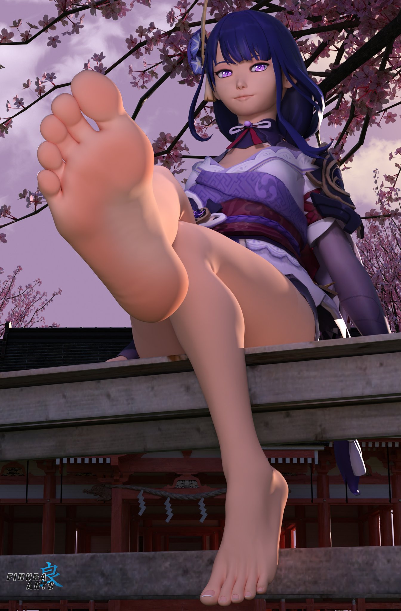 3d, barefoot, blender, feet, female, finura arts, foot fetish, genshin impact, pov feet, purple hair, raiden shogun, sitting, soles, toes