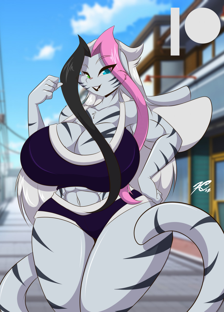 1girls 2022 anthro breasts cleavage feline female female_only furry fusion heterochromia huge_breasts kaila_(lphanton) lipstick looking_at_viewer mastergodai multicolored_hair muscular muscular_female rascals reiko_usagi solo thick_thighs tiger tiger_stripes voluptuous white_tiger wide_hips