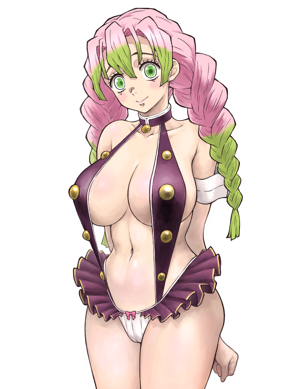 1girls, 2sen4hyaku, alternate costume, arms behind back, big breasts, braided hair, breasts, cleavage, demon slayer, female, female only, frills, green eyes, hourglass figure, kanroji mitsuri, kimetsu no yaiba, long hair, looking at viewer, microskirt, mole under eye, one-piece swimsuit, panties, pink hair, pink-haired female, sling bikini, smile, solo, suspenders, swimsuit, two-tone hair, white panties