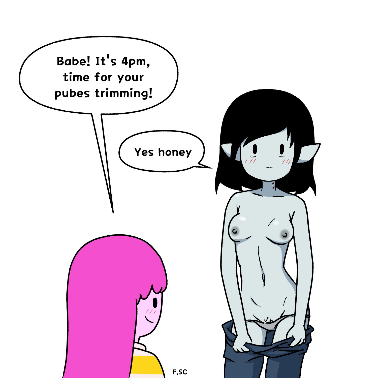 adventure time, black hair, blush, cartoon network, cute, female, fizzyspidercider, grey body, marceline, meme, nipples, pink hair, pink skin, princess bubblegum, pubic hair, short black hair, shy, underwear, undressing, vampire, yuri